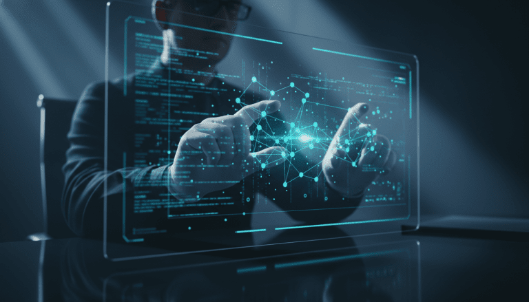 Especialista en ciberseguridad analizando un ataque digital con visualización de datos holográficos