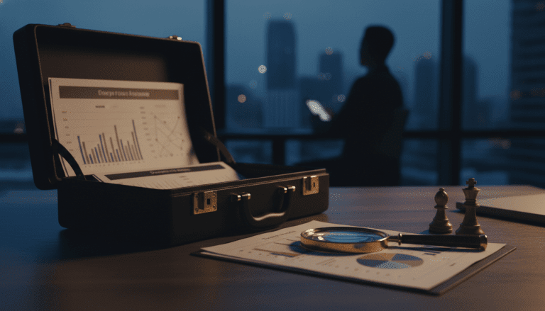 Investigador analizando pruebas financieras en un escritorio oscuro para detectar fraude corporativo.