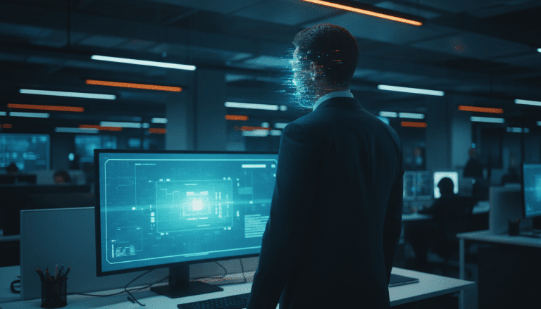 Ejecutivo corporativo frente a un monitor con rostro distorsionado por error digital representando el peligro de los deepfakes en las empresas.