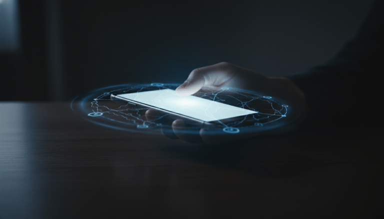 Smartphone iluminado en la oscuridad representando vigilancia digital y stalkerware