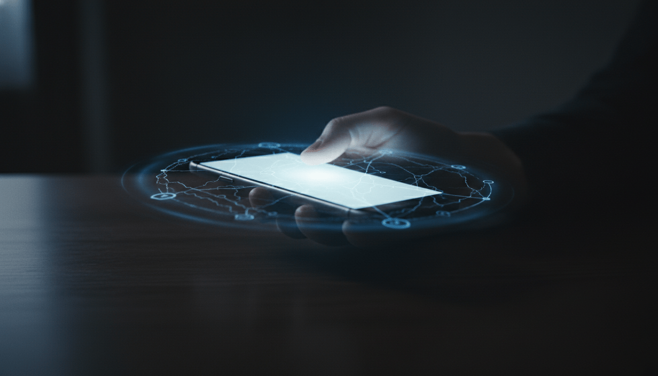 Smartphone iluminado en la oscuridad representando vigilancia digital y stalkerware
