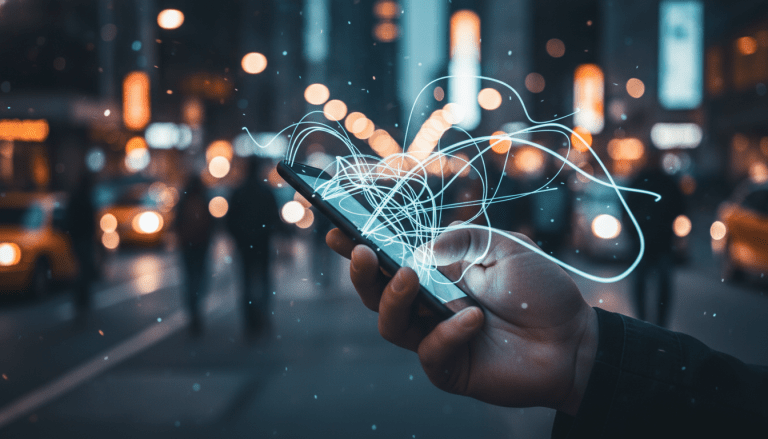 Smartphone emitiendo señales digitales invisibles de Bluetooth en un entorno urbano como metáfora de ciberseguridad.