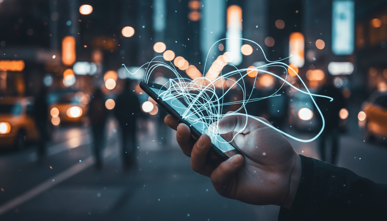 Smartphone emitiendo señales digitales invisibles de Bluetooth en un entorno urbano como metáfora de ciberseguridad.
