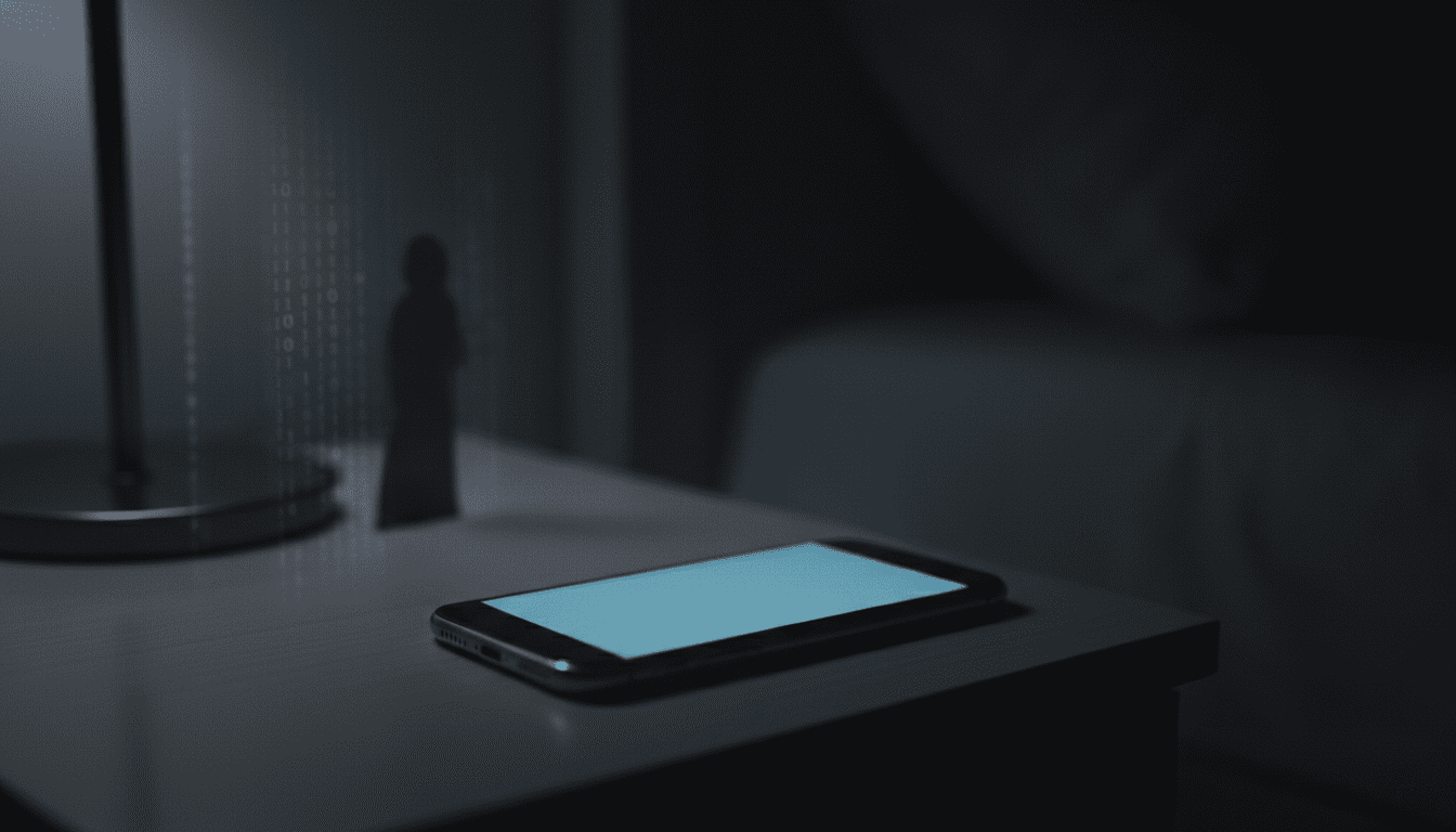 Smartphone sobre mesa de noche en la oscuridad representando un ataque cibernético de zero-click sin interacción humana.
