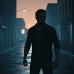 Hombre con lenguaje corporal agresivo y tenso preparándose para un conflicto en un entorno urbano.