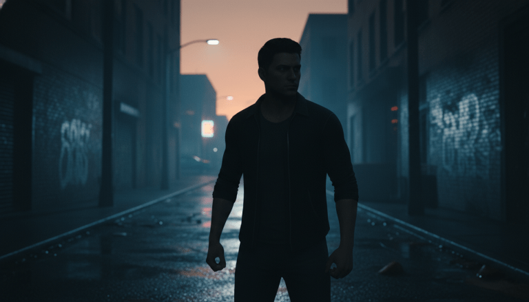 Hombre con lenguaje corporal agresivo y tenso preparándose para un conflicto en un entorno urbano.