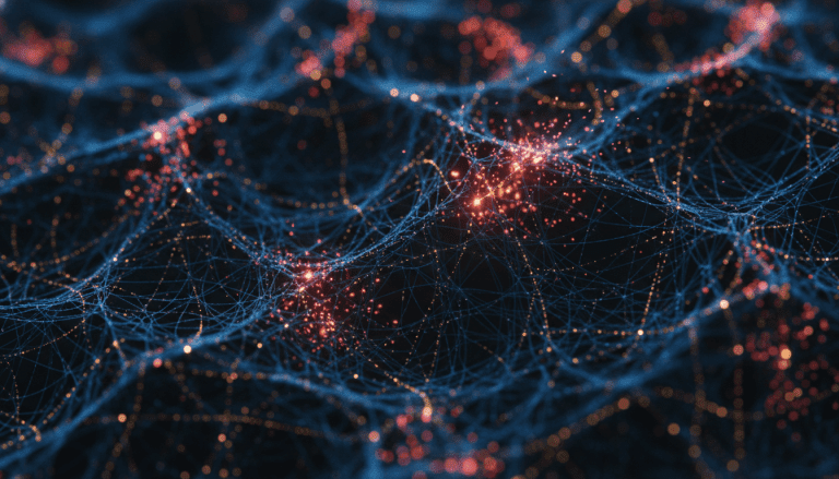 Representación abstracta y cinematográfica de la guerra algorítmica y la ciberseguridad con inteligencia artificial.