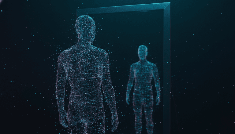 Representacion visual abstracta de la huella digital y la privacidad en la era del silicio con una silueta humana fragmentada en puntos de luz.