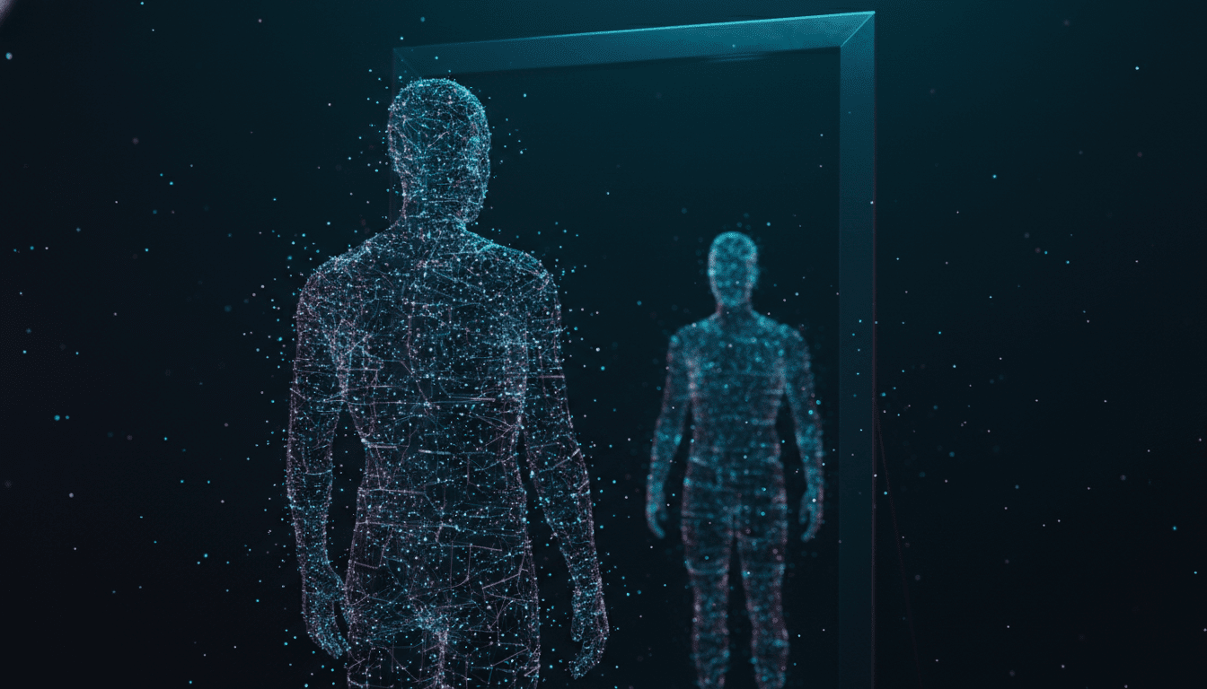 Representacion visual abstracta de la huella digital y la privacidad en la era del silicio con una silueta humana fragmentada en puntos de luz.