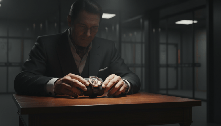 Coleccionista analizando un reloj de lujo en un entorno de seguridad privada de alta gama.