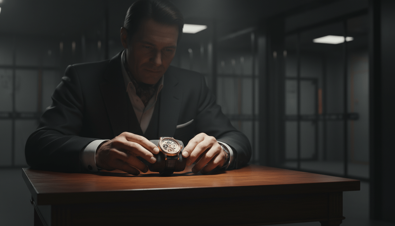 Coleccionista analizando un reloj de lujo en un entorno de seguridad privada de alta gama.