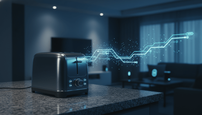 Tostadora inteligente conectada emitiendo una red de datos digitales en una cocina moderna con enfoque en ciberseguridad.