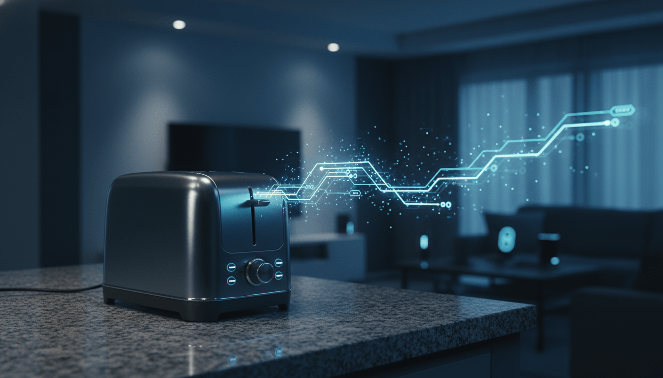 Tostadora inteligente conectada emitiendo una red de datos digitales en una cocina moderna con enfoque en ciberseguridad.