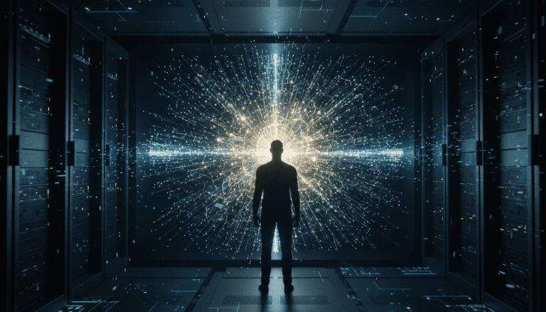 Representación conceptual de Inteligencia Artificial como una caja negra compleja con redes neuronales luminosas