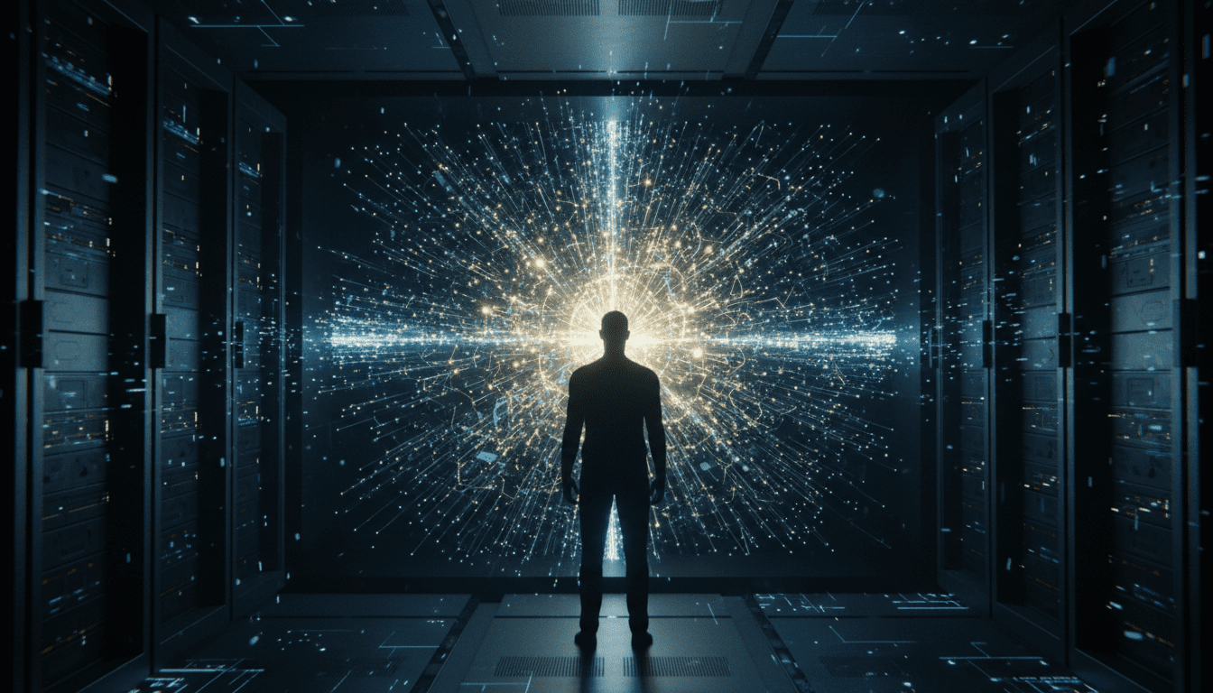 Representación conceptual de Inteligencia Artificial como una caja negra compleja con redes neuronales luminosas