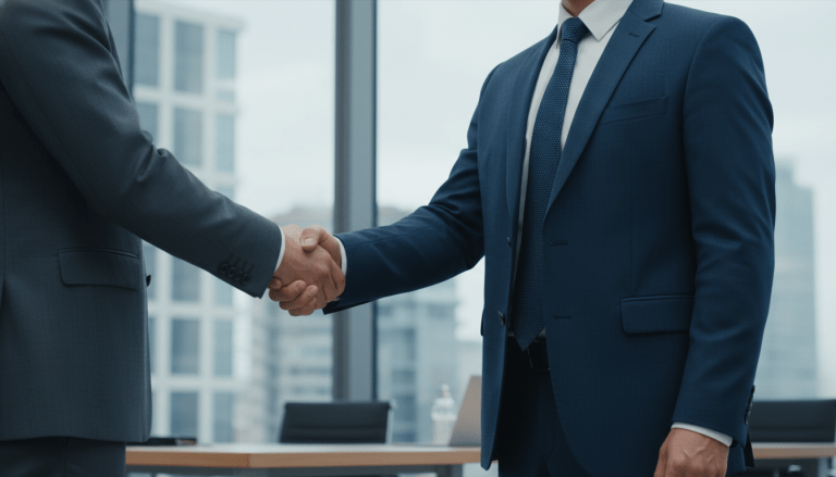 Director de seguridad profesional estrechando la mano con un cliente en una oficina moderna, simbolizando confianza y recomendación