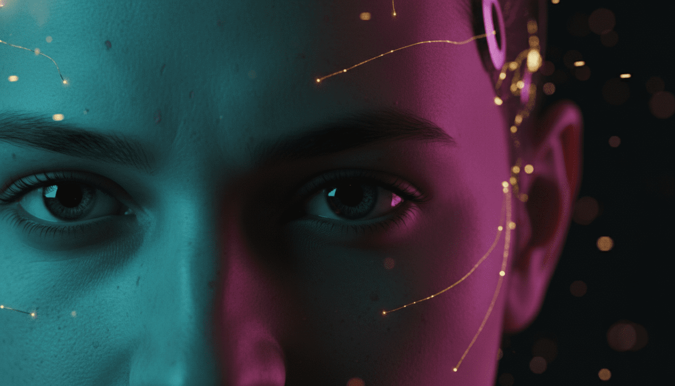 Primer plano conceptual de una interfaz cerebro-ordenador BCI integrada en la piel humana con efectos de luz digital.