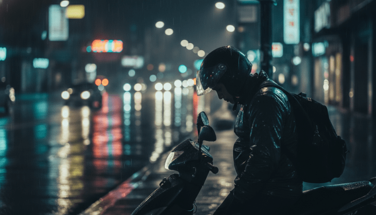 Repartidor en motocicleta trabajando solo bajo la lluvia en la ciudad durante la noche.