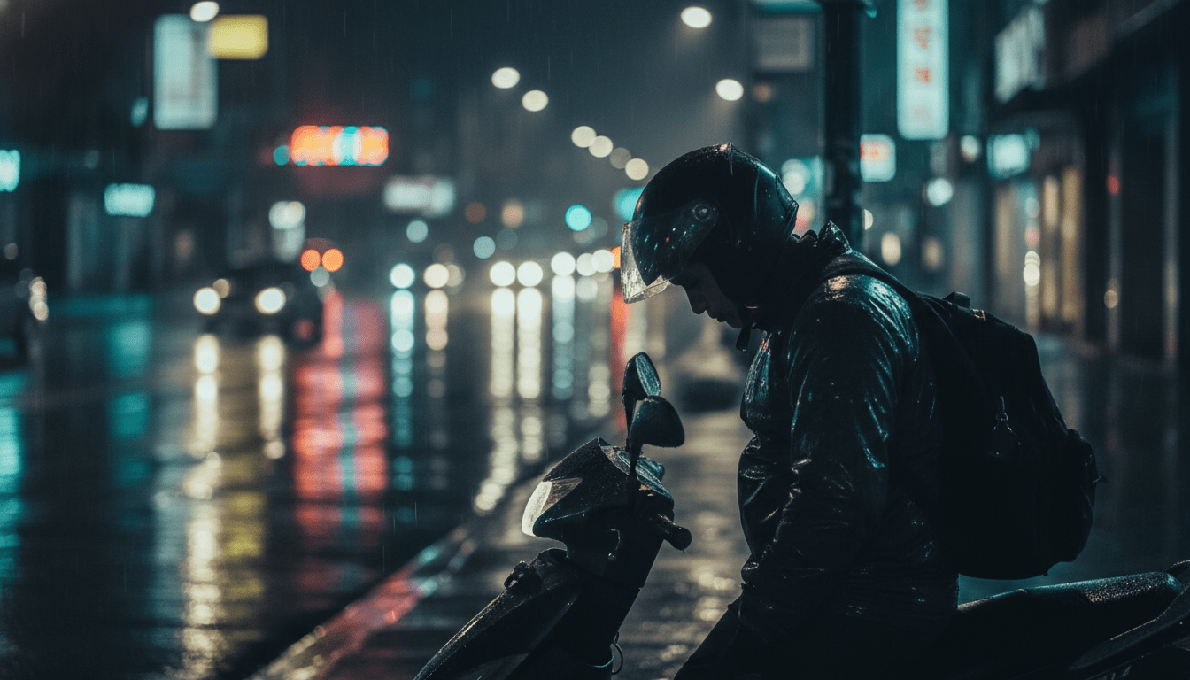 Repartidor en motocicleta trabajando solo bajo la lluvia en la ciudad durante la noche.