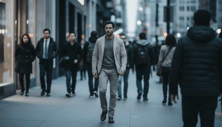 Persona caminando discretamente entre una multitud en una gran ciudad, técnica de vigilancia urbana.