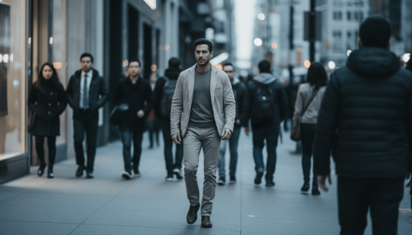 Persona caminando discretamente entre una multitud en una gran ciudad, técnica de vigilancia urbana.