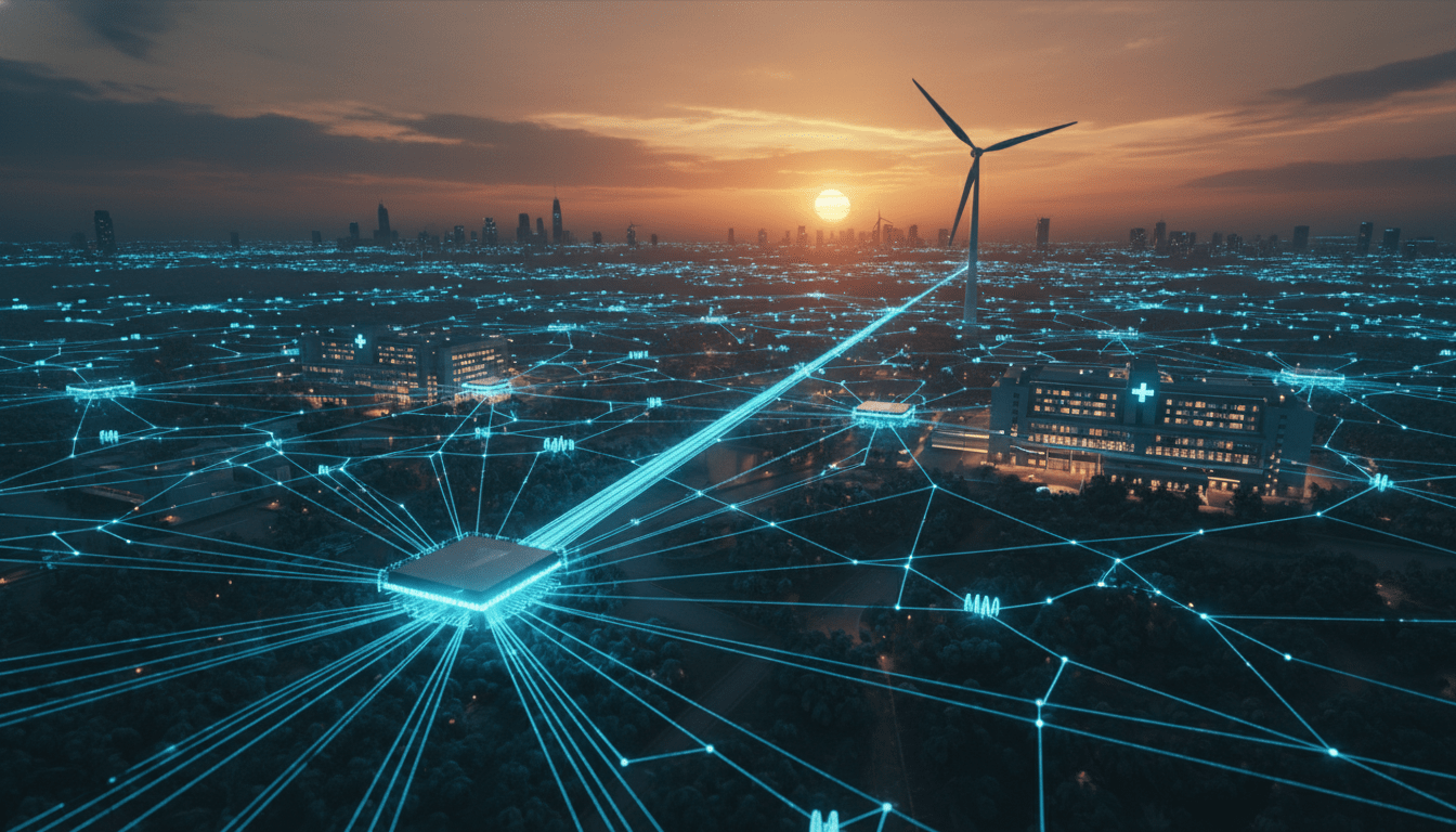 Infraestructura de computación en el borde conectando nodos digitales en un paisaje urbano y natural