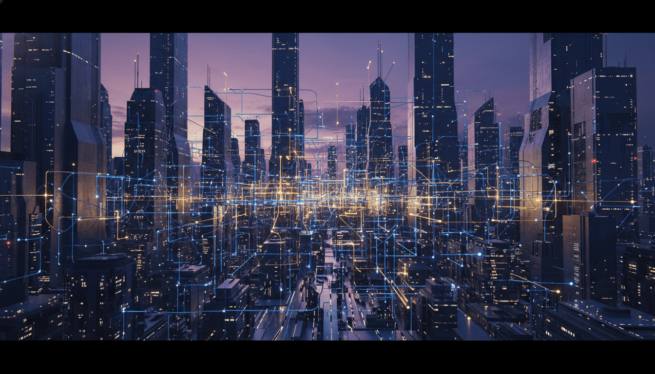 Red de inteligencia artificial descentralizada representada por nodos de luz interconectados en un entorno urbano al atardecer.