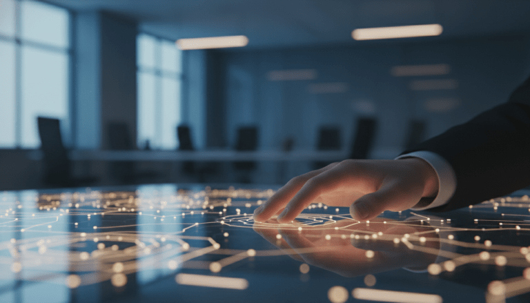 Profesional de seguridad corporativa interactuando con una interfaz digital de protección de datos como metáfora de cultura de resiliencia