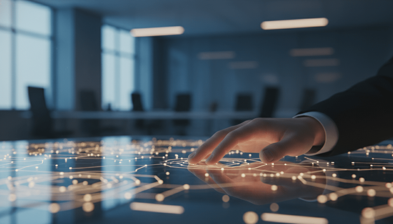 Profesional de seguridad corporativa interactuando con una interfaz digital de protección de datos como metáfora de cultura de resiliencia