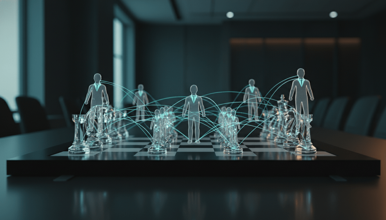 Estratega de ciberseguridad analizando un tablero de ajedrez digital con proyecciones holográficas de redes de seguridad.