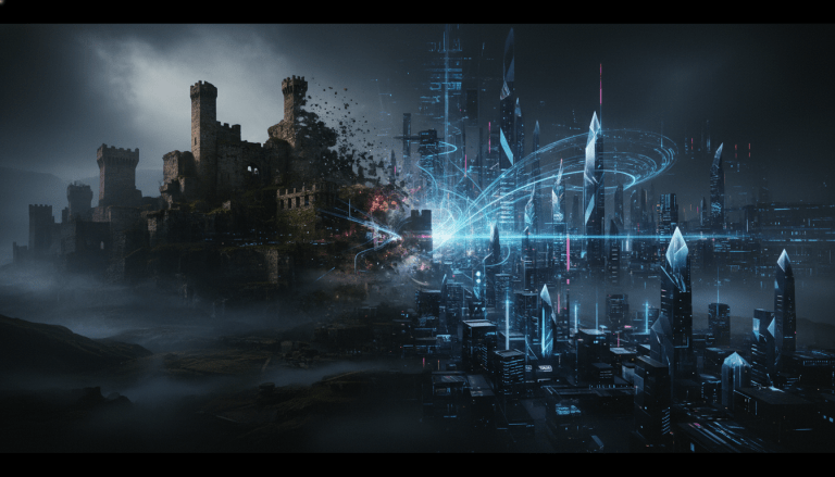 Metáfora visual de la transicion de la ciberseguridad desde un castillo fortificado hacia una superficie de ataque digital expansiva y compleja.