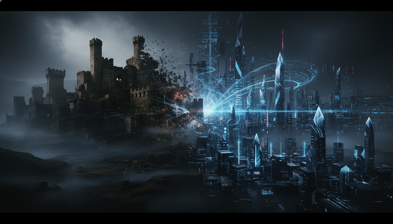 Metáfora visual de la transicion de la ciberseguridad desde un castillo fortificado hacia una superficie de ataque digital expansiva y compleja.