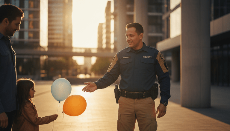 Guardia de seguridad profesional proyectando confianza e integridad en un entorno urbano moderno para estrategia de responsabilidad social