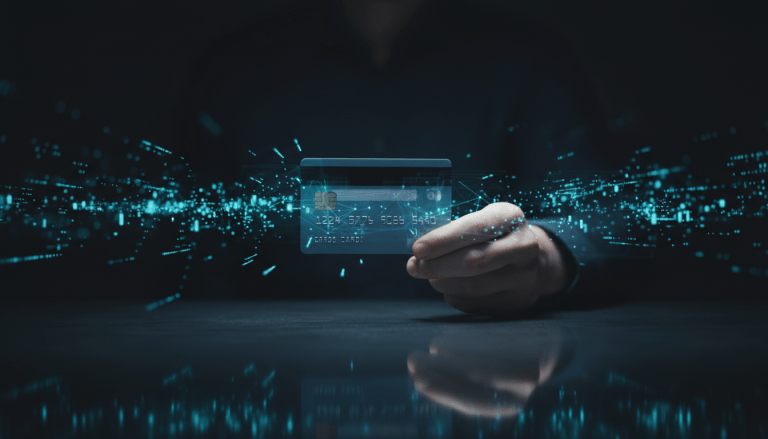 Representación abstracta del cibercrimen y fraude financiero con inteligencia artificial y redes de datos