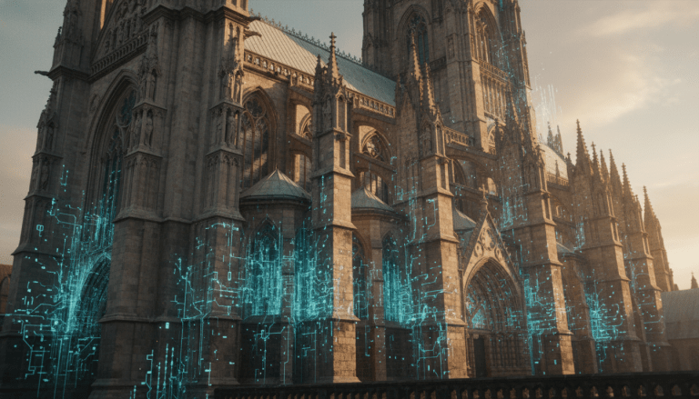 Arquitectura de catedral gótica fusionada con líneas de código digital representando la fragilidad del software