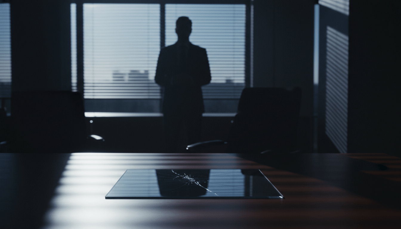 Representacion conceptual de la ruptura de la confianza en una oficina moderna con iluminacion cinematografica