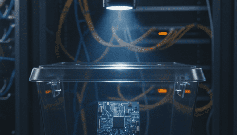 Urna electrónica transparente con circuitos internos iluminados en un entorno oscuro y tecnológico