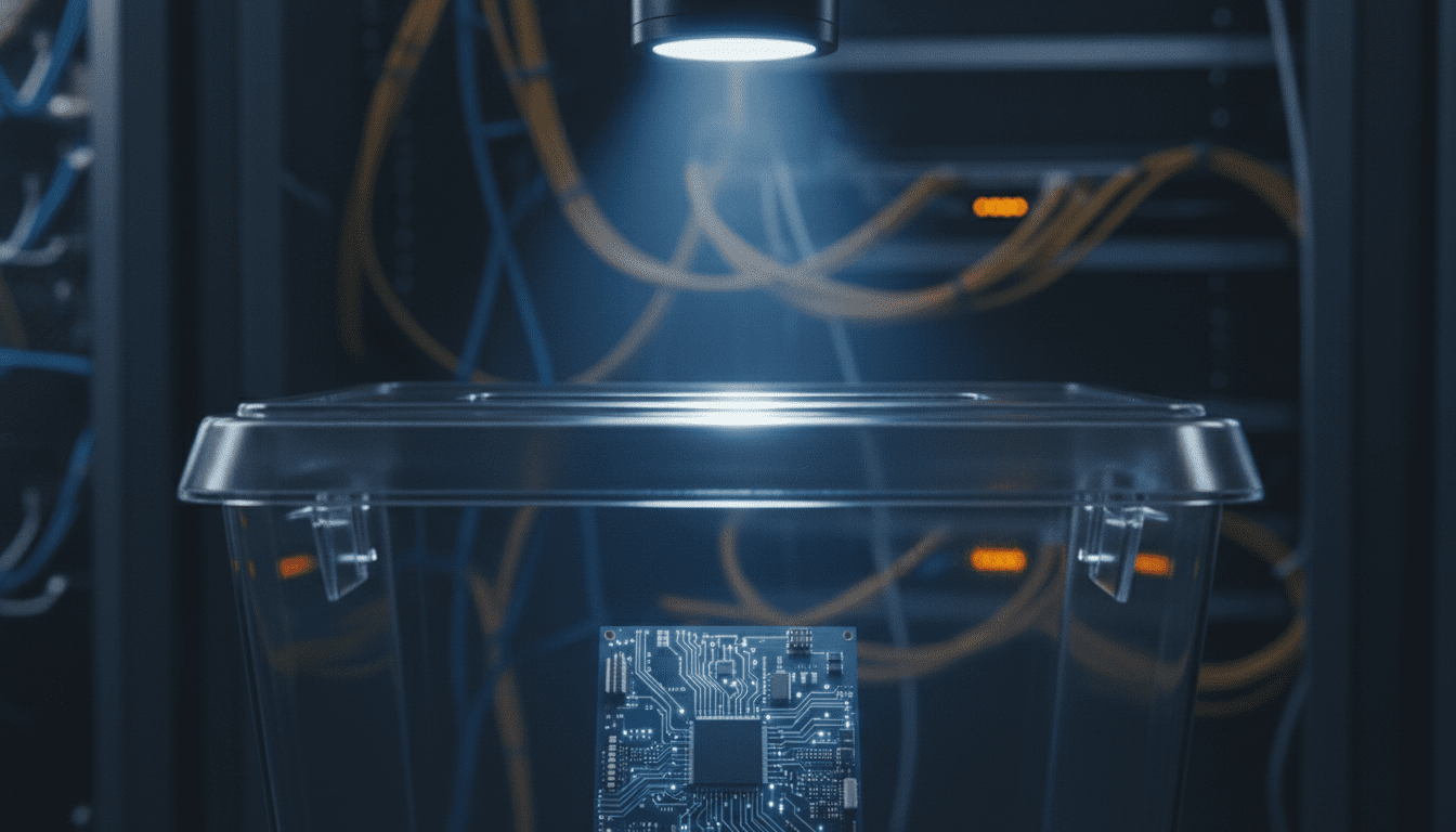 Urna electrónica transparente con circuitos internos iluminados en un entorno oscuro y tecnológico