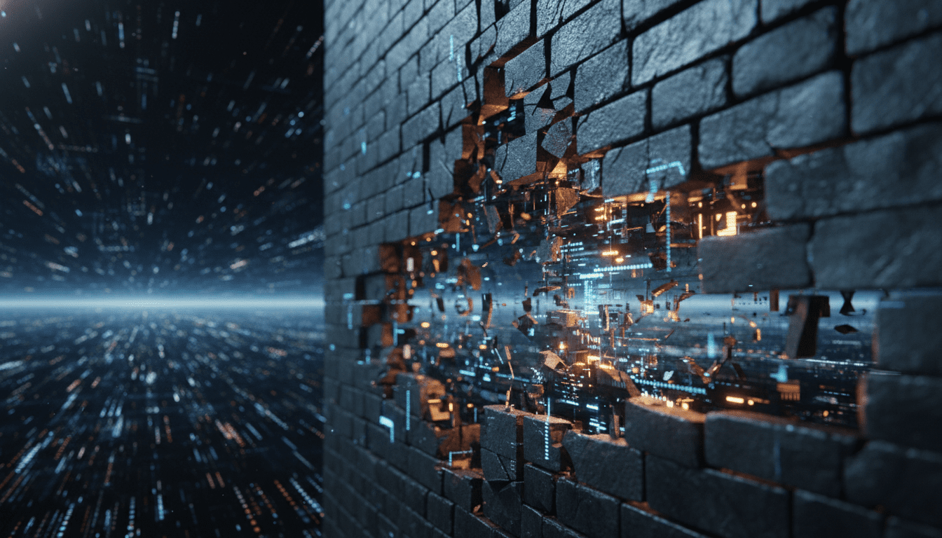 Representacion abstracta de un muro digital fragmentandose como metafora de la ciberseguridad.