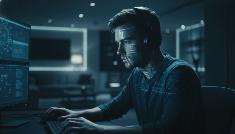 Creador de contenido analizando datos digitales en una oficina oscura con iluminación cinematográfica