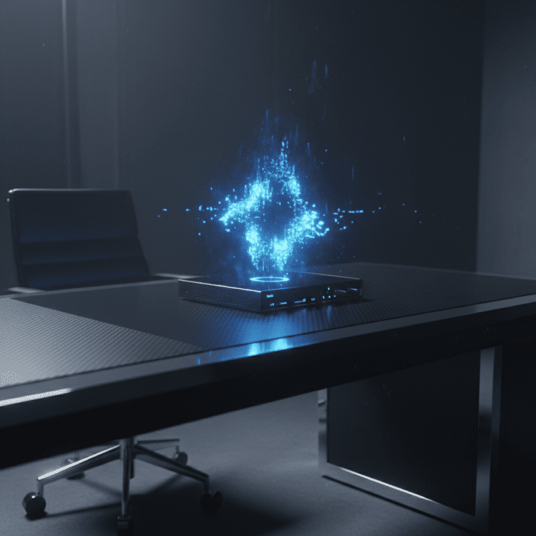 Dispositivo tecnologico moderno emitiendo luz holografica distorsionada en un entorno oscuro representando riesgos de seguridad en inteligencia artificial.