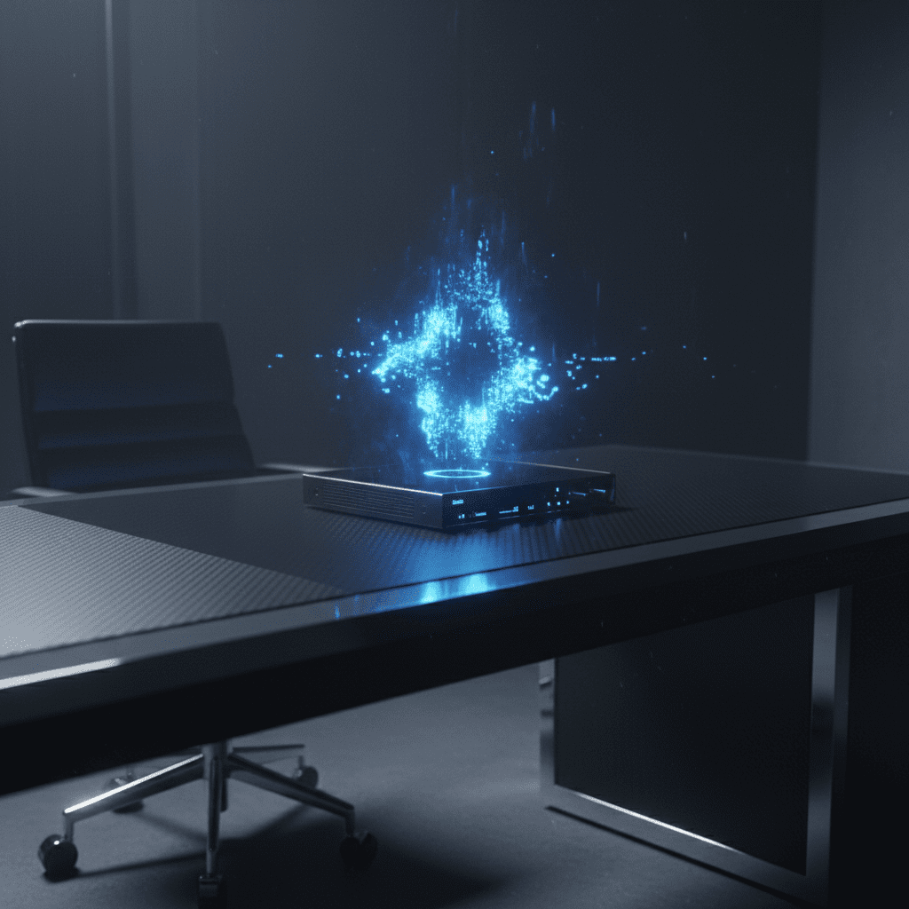 Dispositivo tecnologico moderno emitiendo luz holografica distorsionada en un entorno oscuro representando riesgos de seguridad en inteligencia artificial.