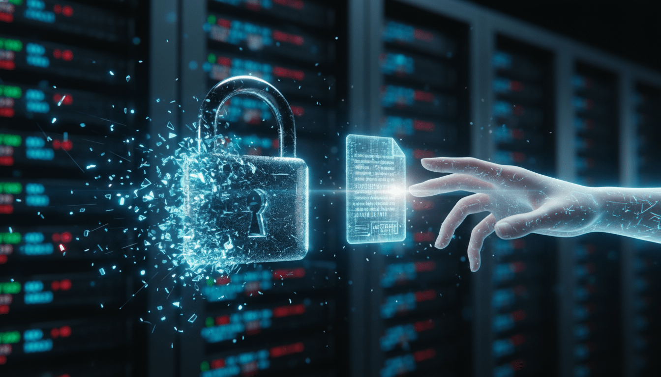 Candado digital desintegrándose en un centro de datos representando la vulnerabilidad de la nube