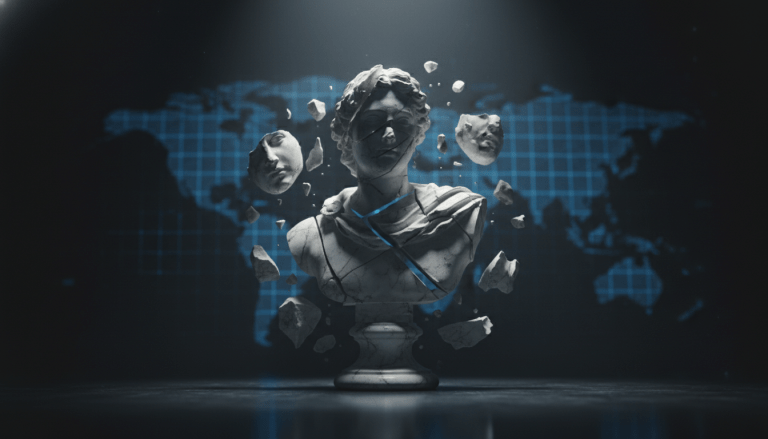 Concepto visual de reputación empresarial fracturada y vulnerabilidad en la era digital