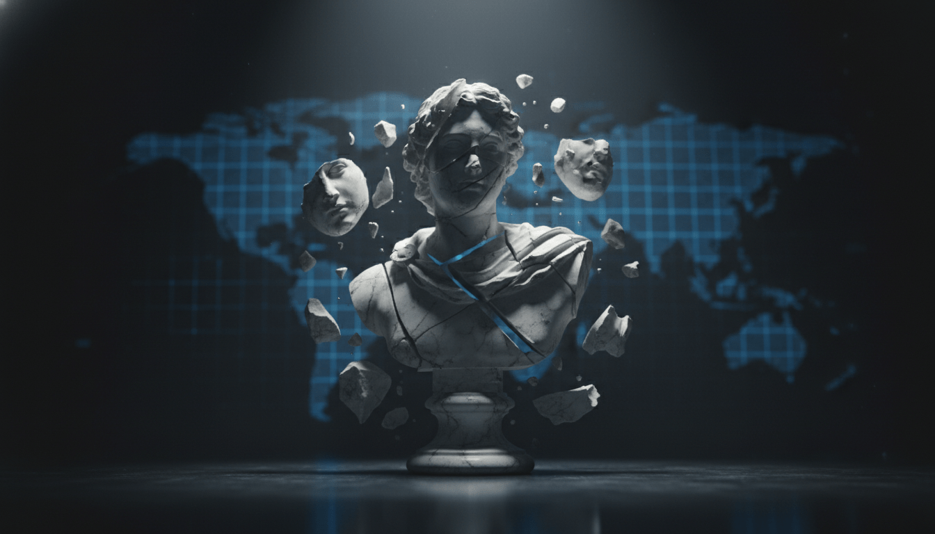 Concepto visual de reputación empresarial fracturada y vulnerabilidad en la era digital