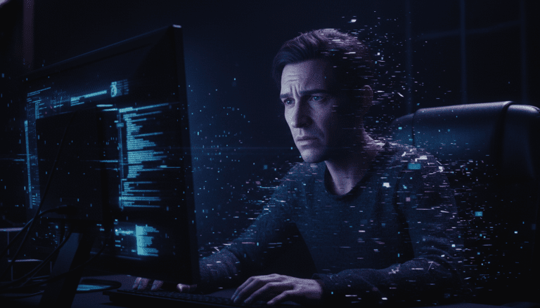 Representación visual de la fragmentación de la identidad digital y la suplantación de identidad en redes sociales