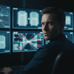 Operador de seguridad analizando monitores de rayos X en un centro de control de alta tecnología.