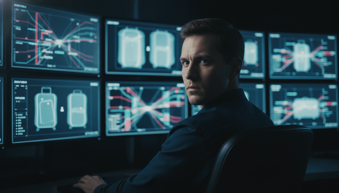 Operador de seguridad analizando monitores de rayos X en un centro de control de alta tecnología.
