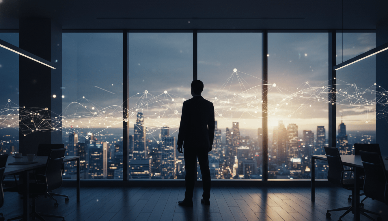 Ejecutivo corporativo en una oficina moderna visualizando redes de informacion invisibles como metafora de contra-inteligencia empresarial.