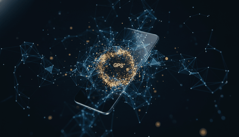 Smartphone emitiendo metadatos y datos digitales en un entorno oscuro representando la privacidad digital